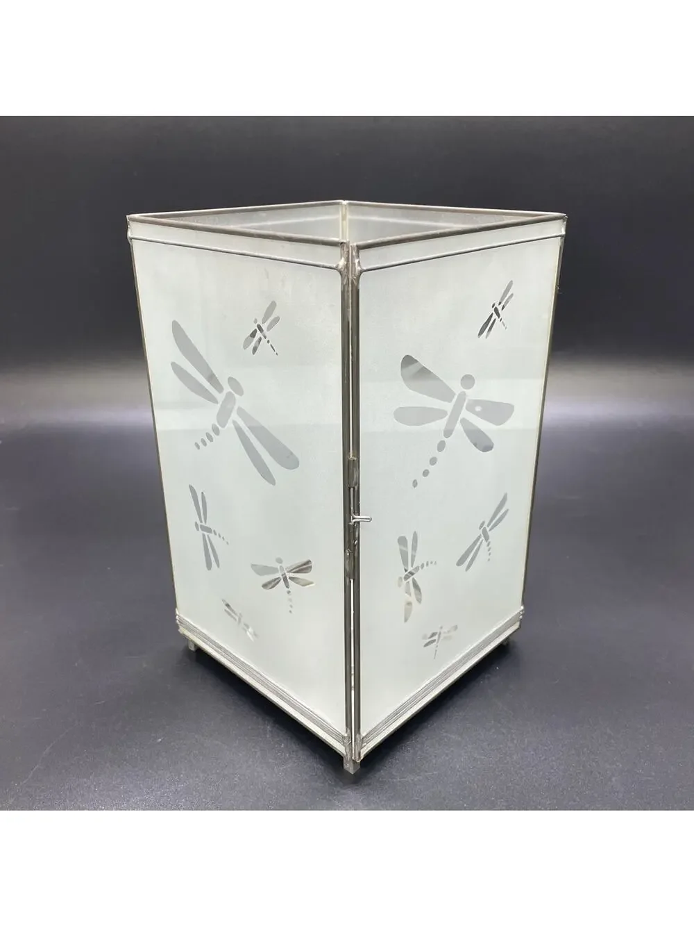 HTF Dragonfly Lantern Frosted Glass With Metal Edges Etched Design Candle Holder